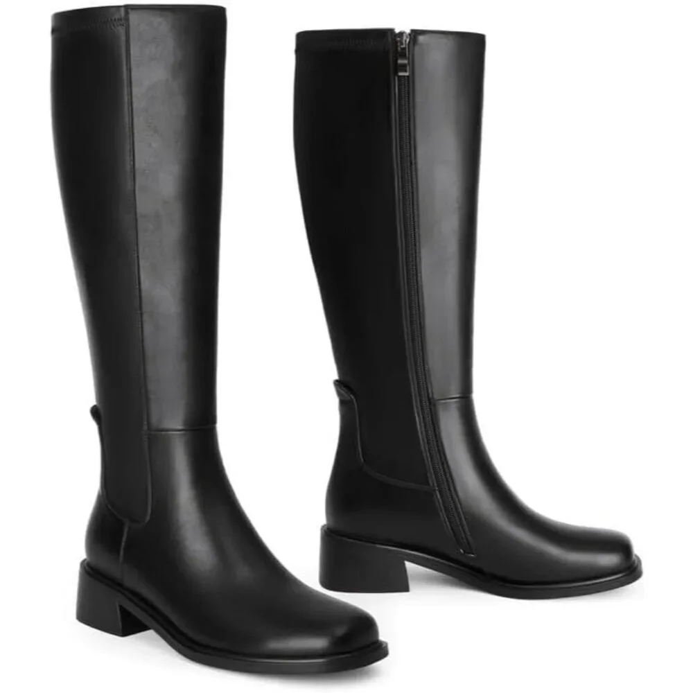 Women's Black Faux Leather Elastic Low Heel Square Toe Zipper Knee High Boots